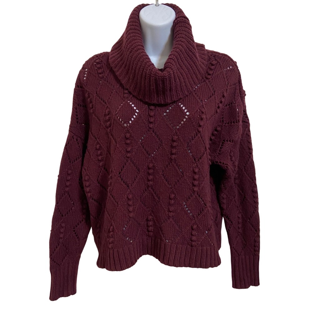 LOFT Women's Maroon Diamond‎ Knit Wool Blend Cowl Neck Pullover Sweater Medium